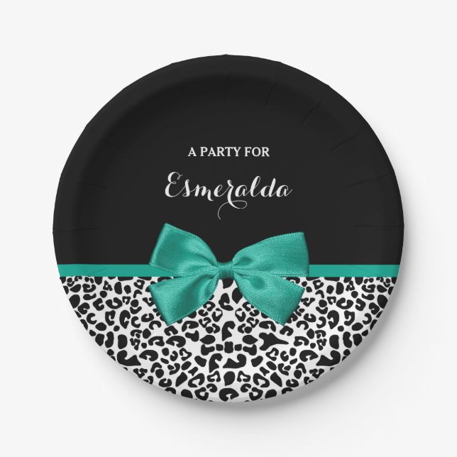 Plato De Papel Leopard Print Emerald Green Ribbon Bow Nombre Moda (Anverso)