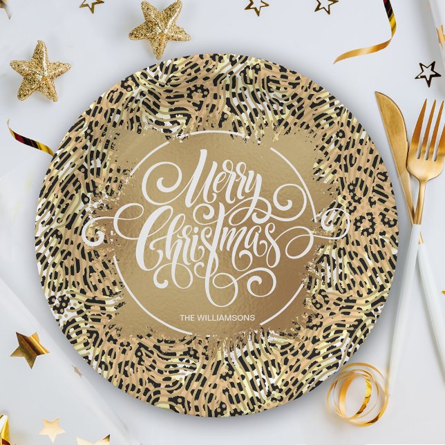 Plato De Papel Leopard Print Gold Faux Relieve metalizado Feliz N (Subido por el creador)