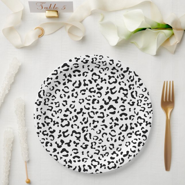 Plato De Papel Leopard Print, Leopard Spots, Negro Y Blanco (Boda)