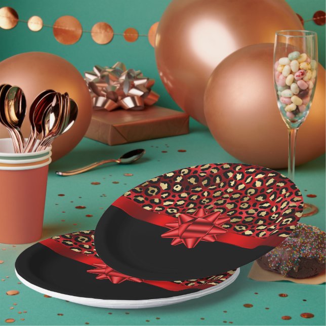 Plato De Papel Leopard Print Red, Gold and Black with Red Bow (Multi)