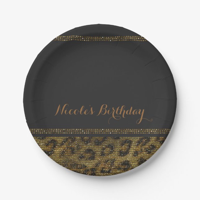 Plato De Papel Leopard Sparkle Secuencia Glam Moda Fiesta moderno (Anverso)
