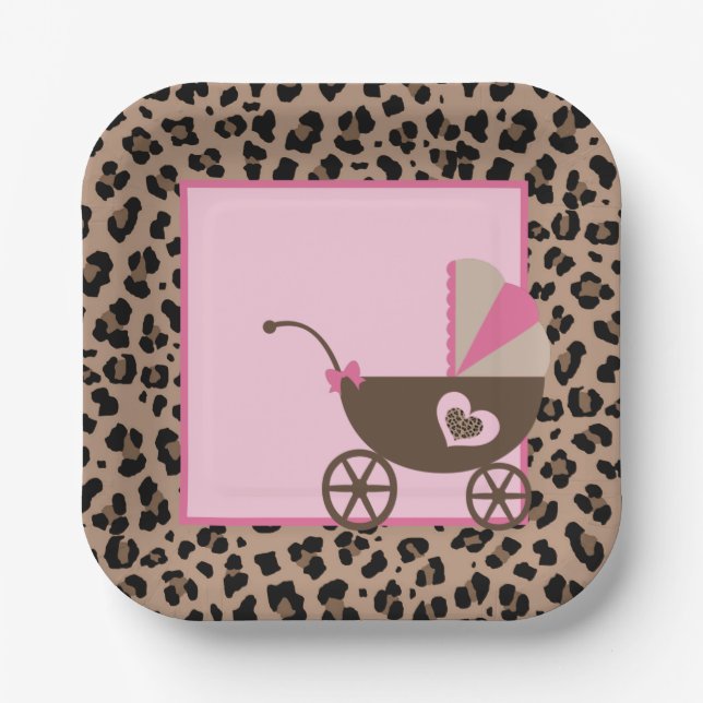 Plato De Papel Leopard y Baby Shower rosa (Anverso)
