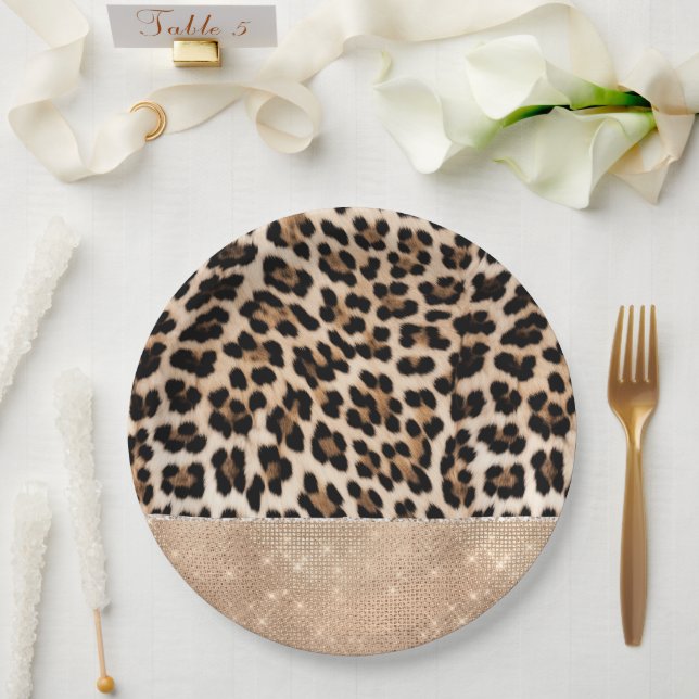 Plato De Papel Leopardo de Crema de Glitz de Champagne (Boda)