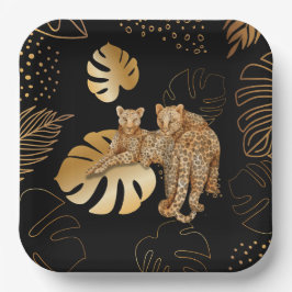 Plato De Papel Leopardo de hojas de oro negro