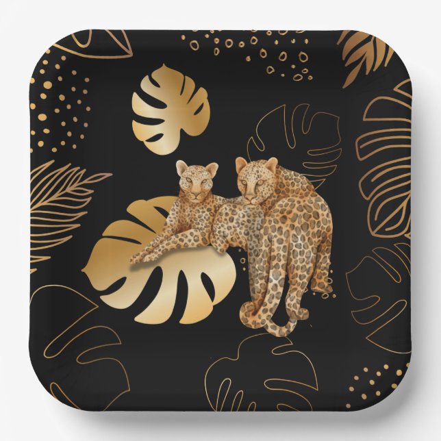 Plato De Papel Leopardo de hojas de oro negro (Anverso)