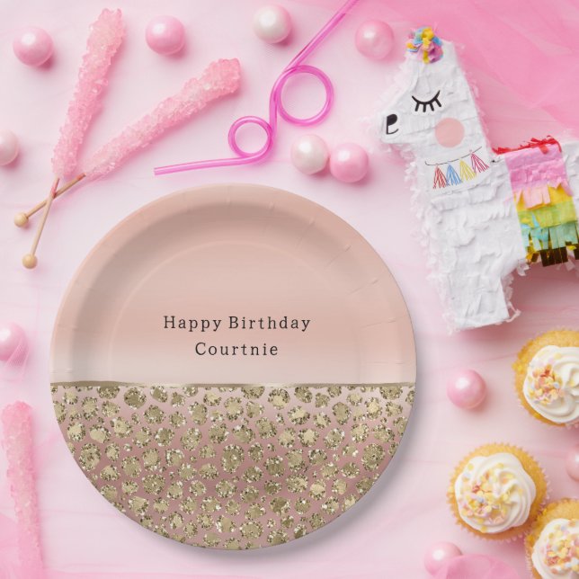 Plato De Papel Leopardo Purpurina de oro Rosa (Fiesta)