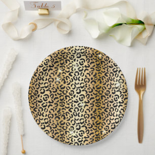 Plato De Papel Leopardo Purpurina negro dorado amarillo