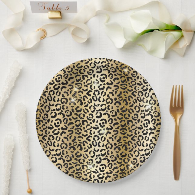 Plato De Papel Leopardo Purpurina negro dorado amarillo (Boda)