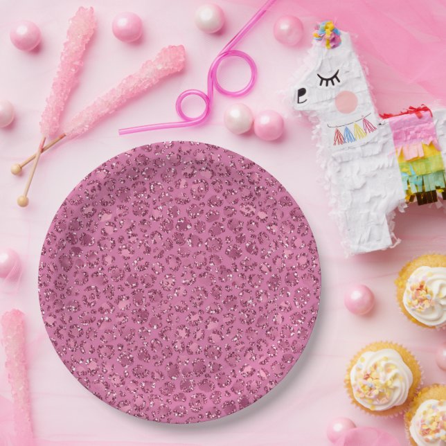 Plato De Papel Leopardo Purpurina rosado (Fiesta)
