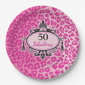 Plato De Papel Leopardo rosa 50 y fabuloso cumpleaños 50