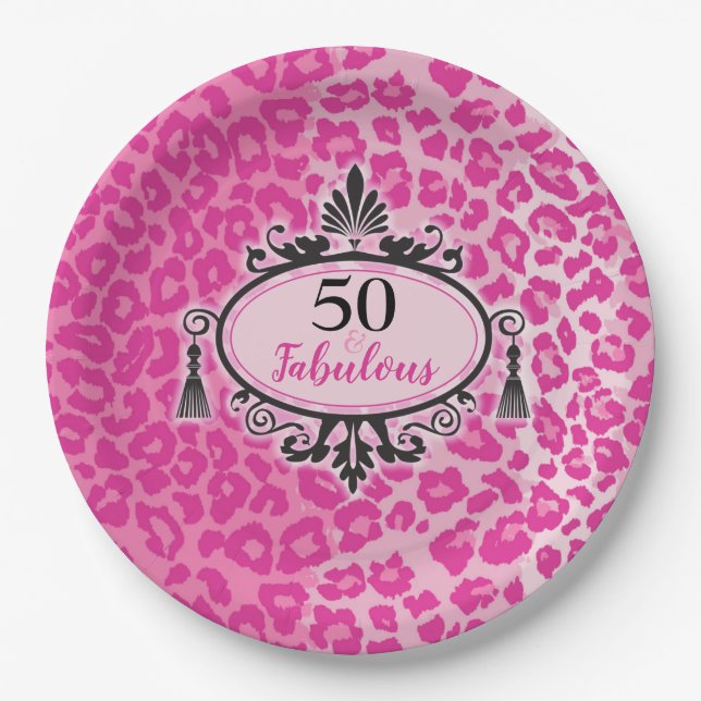 Plato De Papel Leopardo rosa 50 y fabuloso cumpleaños 50 (Anverso)
