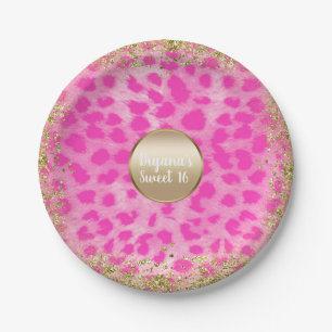 Plato De Papel Leopardo Rosa Estampado Leopardo Brillo Dorado Mon