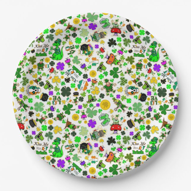 Plato De Papel Leprechauns Shamrock Gold Mushrooms Kisme Irish (Anverso)
