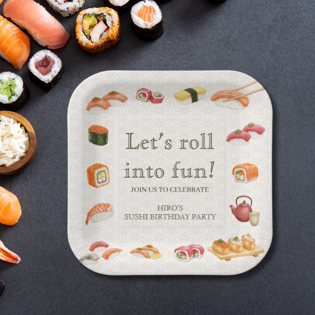 Plato De Papel Let’s Roll into Fun! Sushi Birthday Party Invitati (Subido por el creador)