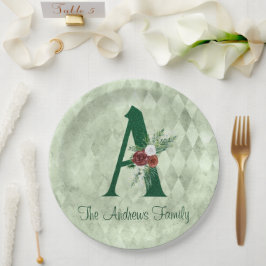 Plato De Papel Letra A Ilustrada Floral de Invierno Personalizada