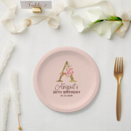 Plato De Papel Letra A Monograma Dorado Rosas Rosa Claro