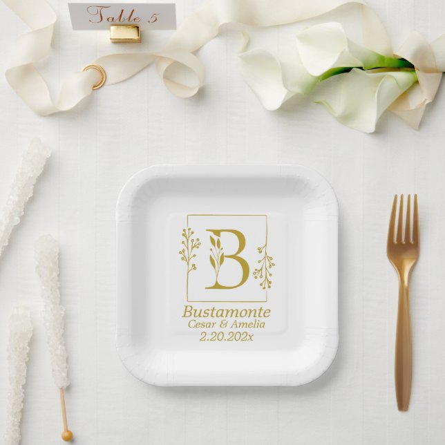 Plato De Papel Letra B Botánica Dorada Moderna  (Boda)