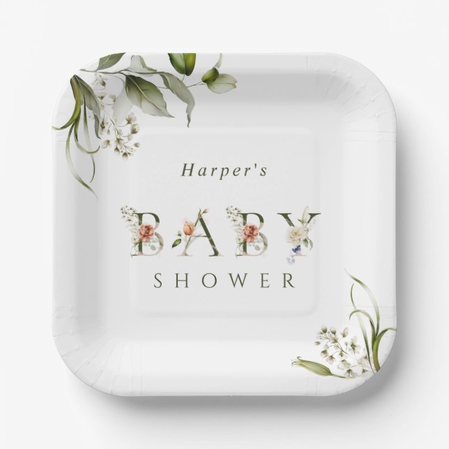 Plato De Papel Letra botánica floral verde oliva Baby Shower (Anverso)