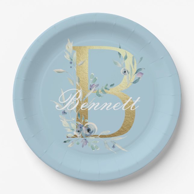 Plato De Papel Letra dorada floral "B" Personalizable (Anverso)
