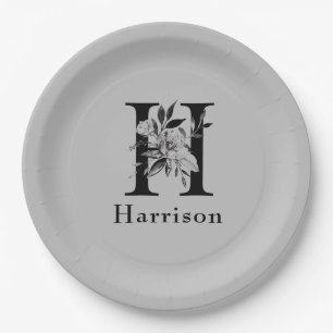 Plato De Papel Letra floral gris y negra monograma H Personalizad