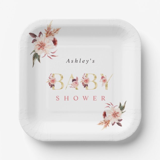 Plato De Papel Letra floral oro Chica elegante Baby Shower (Anverso)