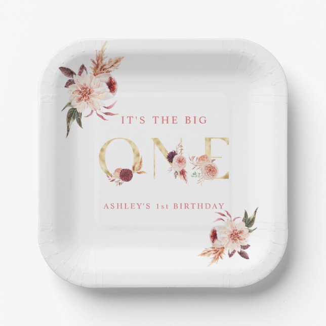 Plato De Papel Letra floral oro Chica elegante primer cumpleaños (Anverso)