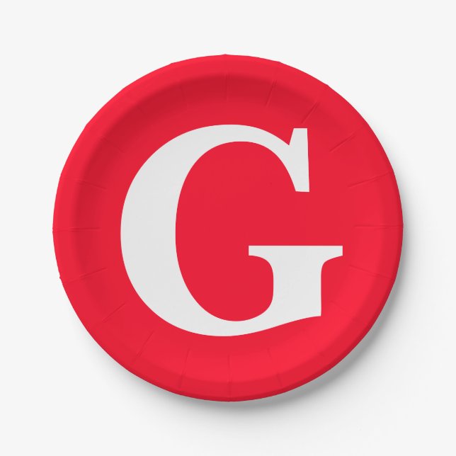 Plato De Papel Letra inicial monograma blanco rojo simple (Anverso)