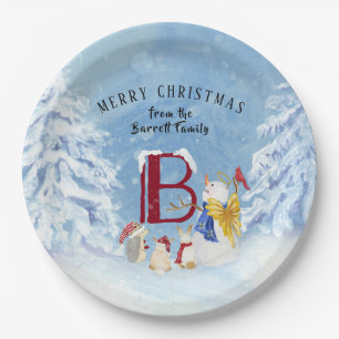 Plato De Papel Letra monograma B Angel Snowman Feliz Navidad