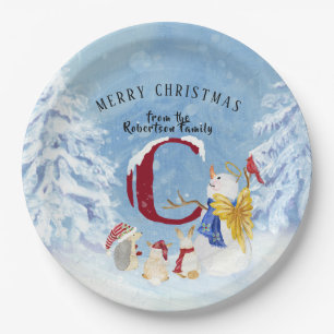 Plato De Papel Letra monograma C Navidades de nieve Angel Snowman