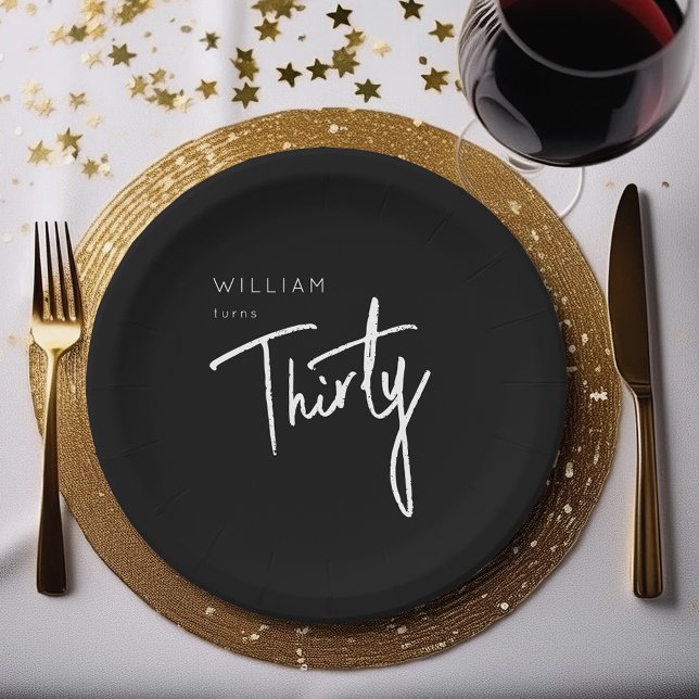 Plato De Papel Letras de 30 años en blanco y negro (Black & white 30th birthday party paper plates & bowls with modern Thirty script minimal typography)