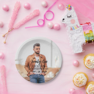 Plato De Papel Letras de pincel Cumpleaños de foto personalizada