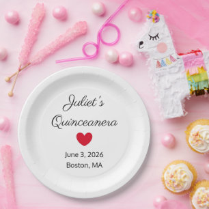 Plato De Papel Letras dulces: negro sobre quinceañera blanca