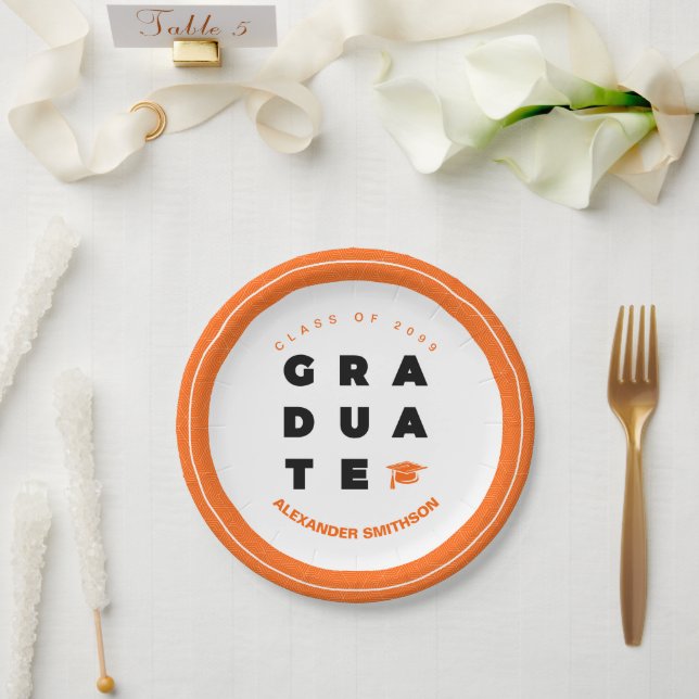 Plato De Papel Letras y Gorra GRADUADO Naranja Negrita (Boda)