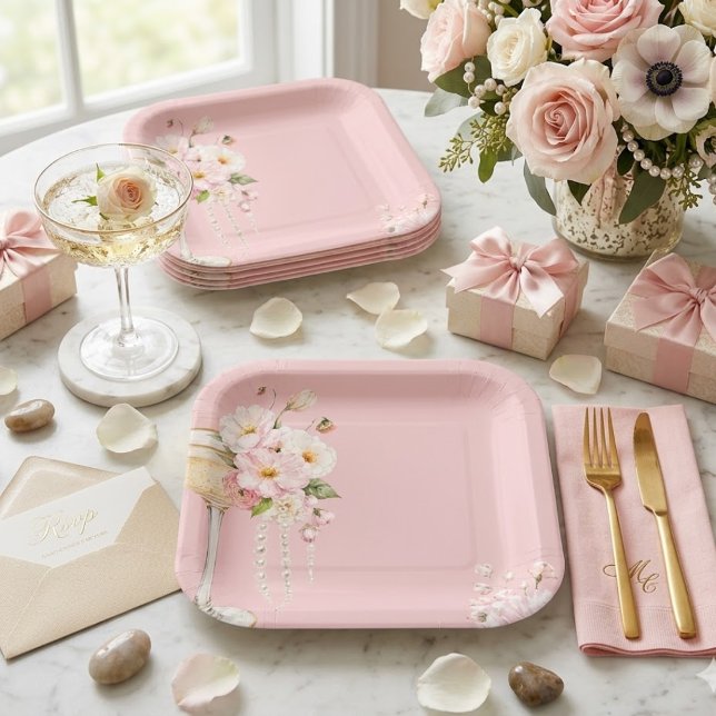 Plato De Papel Letrero de bienvenida con perlas rosadas y prosecc (Subido por el creador)