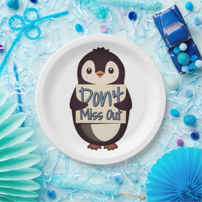 Plato De Papel Letrero de pingüino no te pierdas (Fiesta)