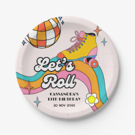 Plato De Papel Let's Roll Retro Roller Skating Girl Birthday 