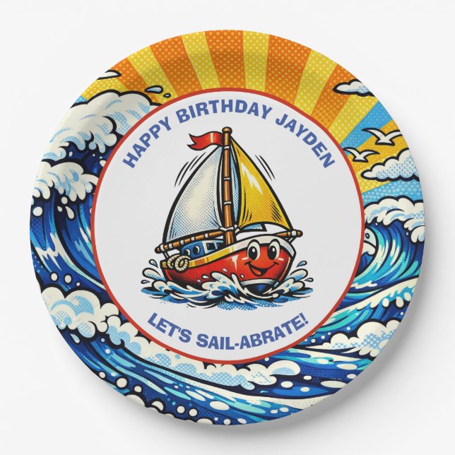 Plato De Papel Let's Sail-abrate | Sailboat Themed Boy's Birthday (Anverso)
