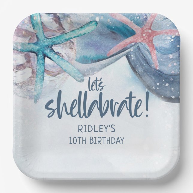 Plato De Papel Let's Shellabrate Starfish Shells Beach Cumpleaños (Anverso)
