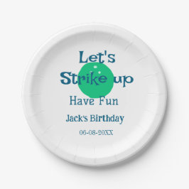 Plato De Papel Let's strike up have fun green ball birthday name