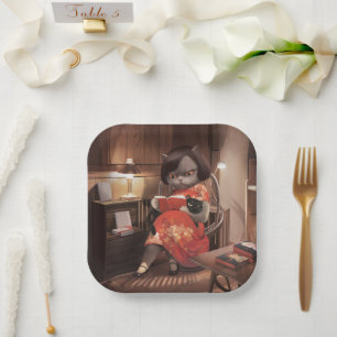 Plato De Papel Leyendo gato en Cheongsam