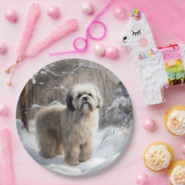Plato De Papel Lhasa Apso Deja que nieve Navidad (Fiesta)