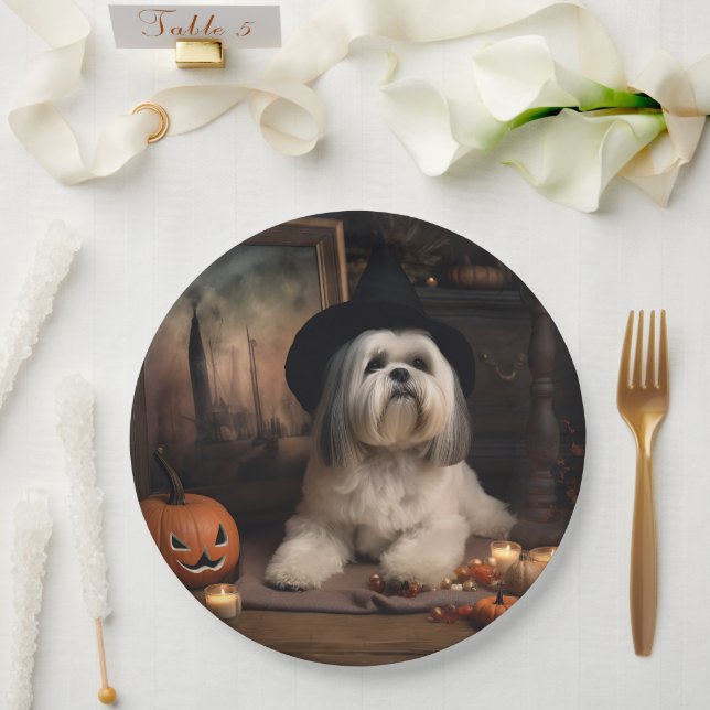 Plato De Papel Lhasa Apso Pumpkins Halloween Scary (Boda)