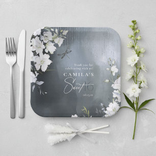 Plato De Papel Libélula Floral Sweet 16 Agradecimiento Azul ID131