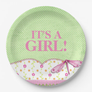 Plato De Papel Libélula rosada y verde Baby Shower