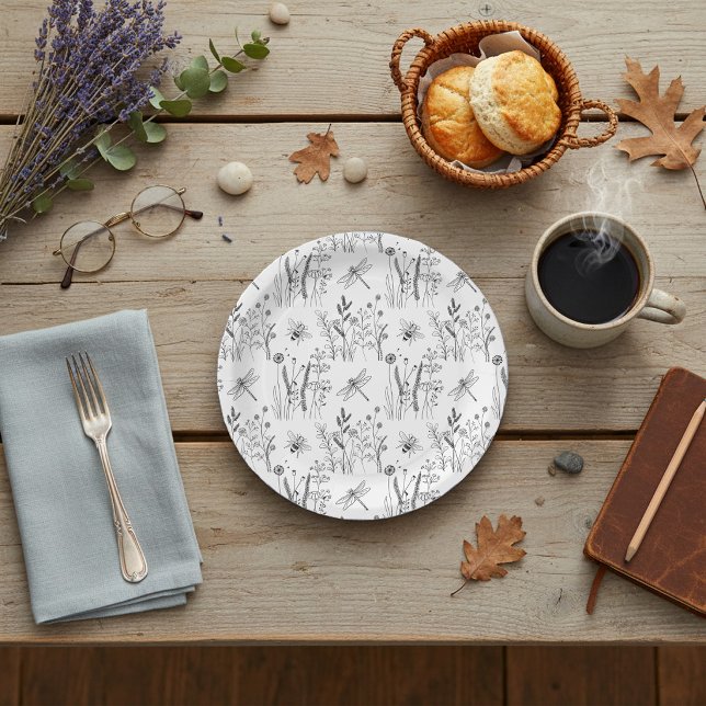 Plato De Papel Libélulas Elegantes y Flores Silvestres (Subido por el creador)