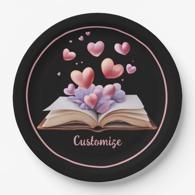 Plato De Papel Libro De Corazones Negro  (Anverso)