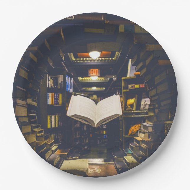 Plato De Papel Libros de biblioteca estantes libro abierto leído (Anverso)
