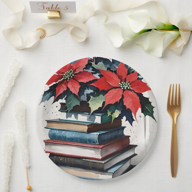 Plato De Papel Libros de navidades y Poinsettias (Boda)