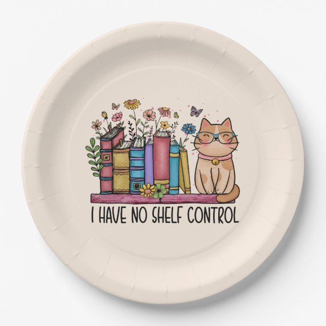 Plato De Papel Libros florales y gato (Anverso)