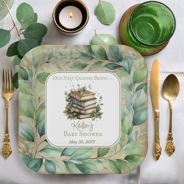 Plato De Papel Libros Nuestro Próximo Capítulo Comienza Baby Show (Rustic Vintage Look Elegance "Our Next Chapter Begins . . ." Books | Leaves Baby Shower Paper Plates)
